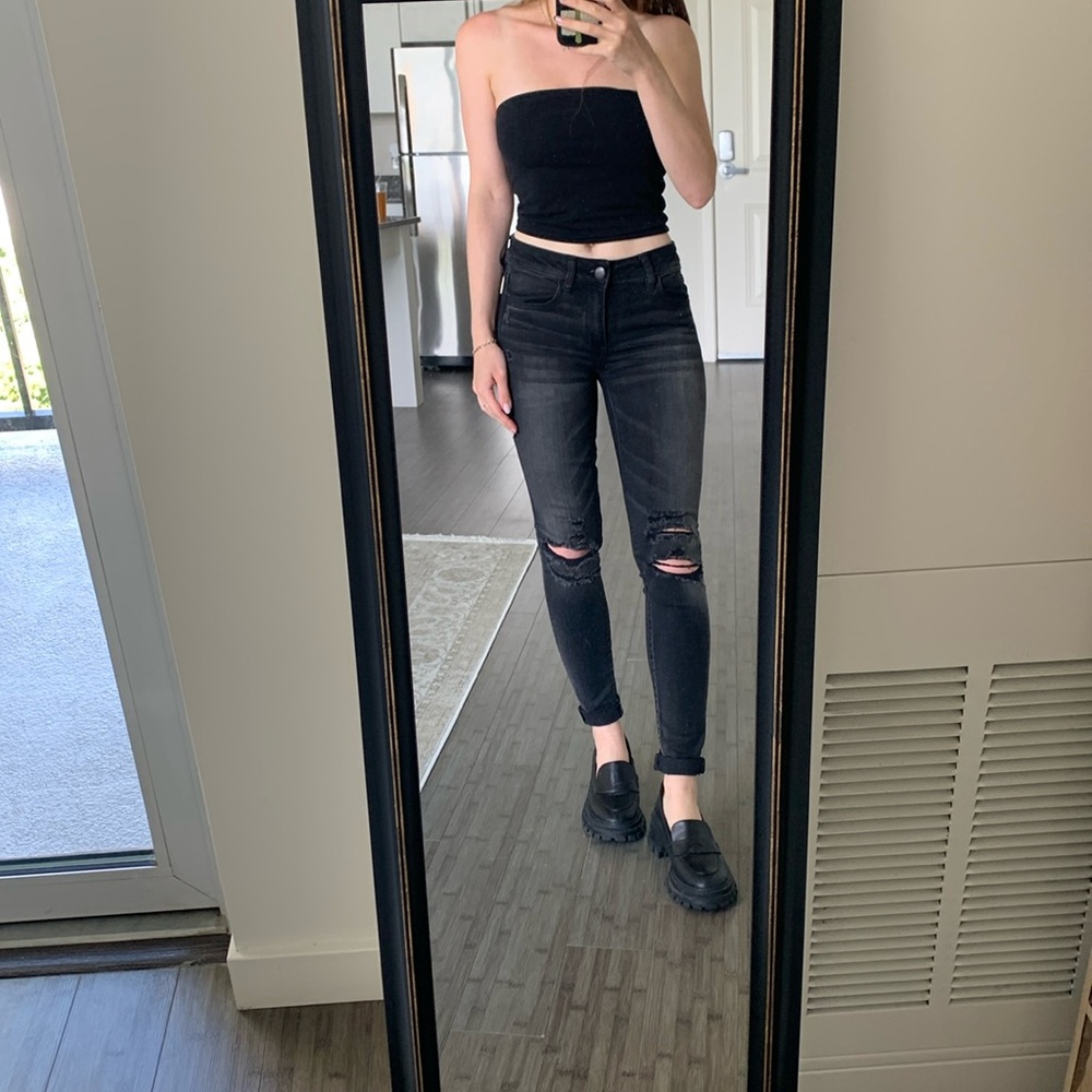 American eagle black grey distressed ripped jeggings rolled hem cuffed jeans